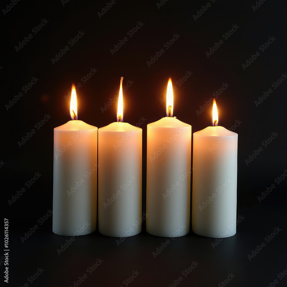 White pillar candles with flames illuminated isolated on black background White pillar candles with flames illuminated isolated on black background