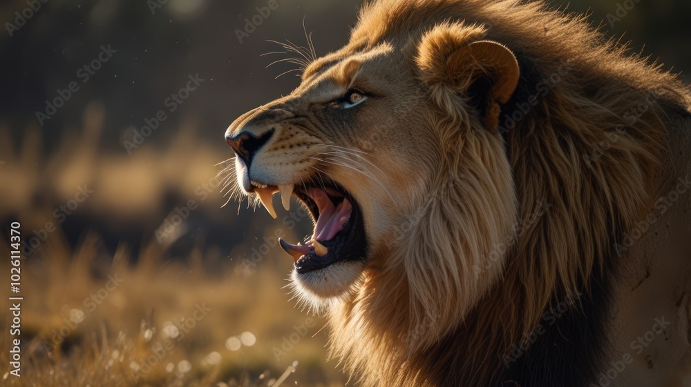 Naklejka premium A majestic lion with a powerful roar, its mane glowing in the golden light.