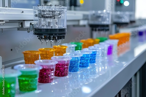 Automated Machine Dispensing Colored Beads Into Containers photo