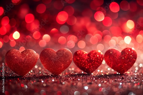 Valentine's Day Background, Abstract Red Hearts Holiday Backdrop, Glittering Bokeh Effect