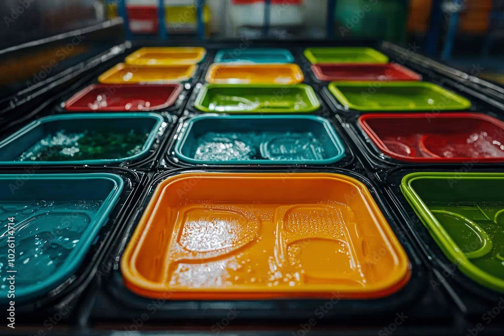 Colorful Trays Filled with Water and Droplets Colorful Trays Filled with Water and Droplets