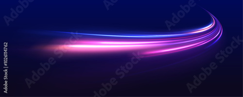 Light trails on road at night. Abstract futuristic neon background with glowing ascending lines. Beautiful glow light flare and spark. Red blue special effect, speed police line. 