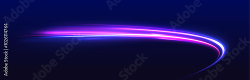 Night motorway with light effects in neon colors purple. Abstract energy in the form of stripe, arc, curl and zigzag in neon colors with light effect.  Long exposure of motorways as speed. 	