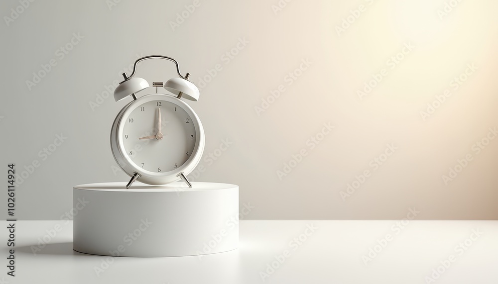 Mockup of a minimalist white alarm clock neatly placed on a podium on a soft morning light background. Mockup of a minimalist white alarm clock neatly placed on a podium on a soft morning light background.