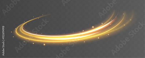 Golden glowing shiny spiral speed lines yellow light effect. Curved bright line of light for holiday banners. Glittering wavy trail.