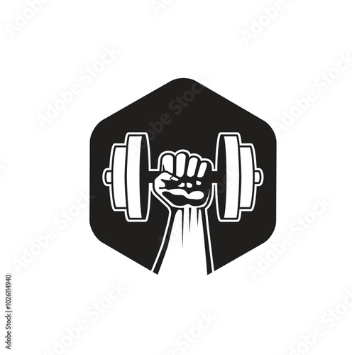 hand holding a dumbbell logo hexagon vector symbol design illustration