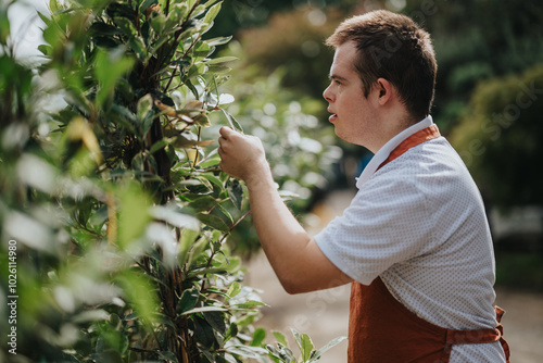 A dedicated young gardener with down syndrome carefully tends to greenery in a sunny outdoor setting, showcasing determination and passion for gardening. photo