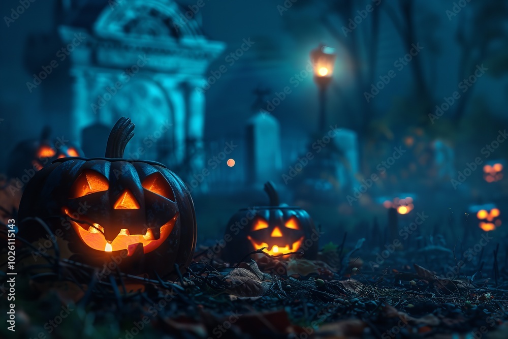 Obraz premium Halloween backdrop featuring Jack O' Lanterns in a graveyard on a spooky night, Generative AI.