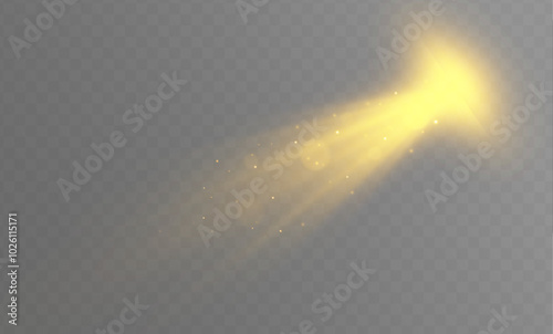 Abstract golden rays will raise. Translucent shine sun, bright flare. Sunlight glowing png effect. Yellow beam sunrays on transparent background.