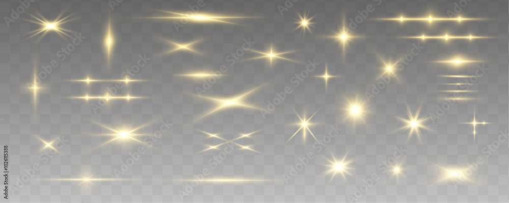 Sun flash with rays or gold spotlight and bokeh. Gold lens flares set. Yellow glow flare light effect. Vector illustration isolated on transparent background. 