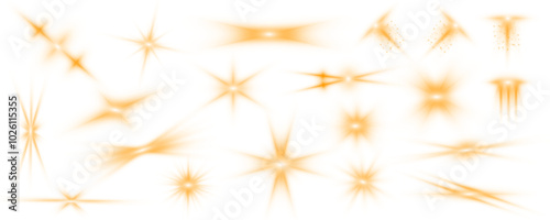  Gold light spiral effect. Glittering wavy trail. Large collection of bright yellow light effects for your design on transparent background. 