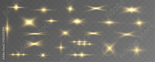 Sun flash with rays or gold spotlight and bokeh. Gold lens flares set. Yellow glow flare light effect. Vector illustration isolated on transparent background. 