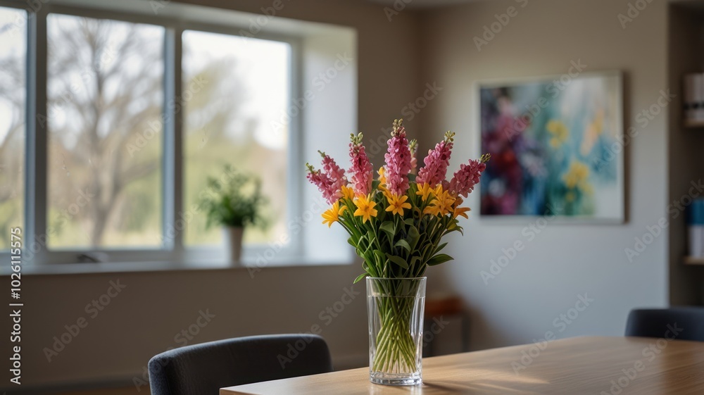 A vase of pink and yellow flowers on a wooden table in a room with a large window, art on the wall, and a chair in the foreground. A vase of pink and yellow flowers on a wooden table in a room with a large window, art on the wall, and a chair in the foreground.
