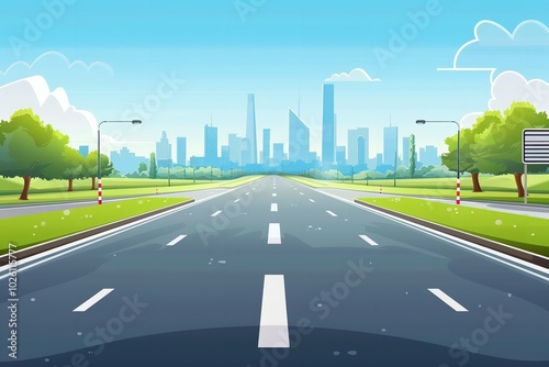 Highway Cars. highway vista, empty road, and the skyline of a city on the horizon. Illustration of an asphalt road without any cars or people on it, Generative AI.