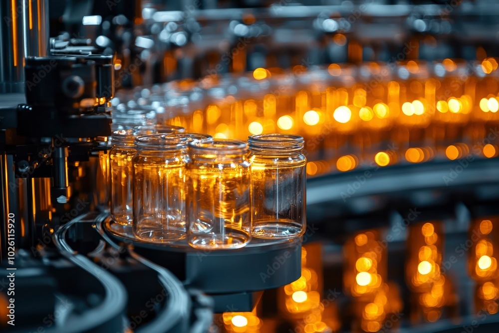 Glass Jars Moving On Conveyor Belt In A Factory Setting Glass Jars Moving On Conveyor Belt In A Factory Setting
