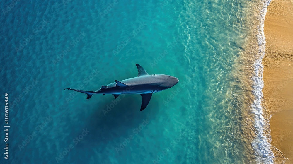 Fototapeta premium An aerial view of a shark swimming near the shoreline, contrasting the shallow sandy beach and deeper blue waters.