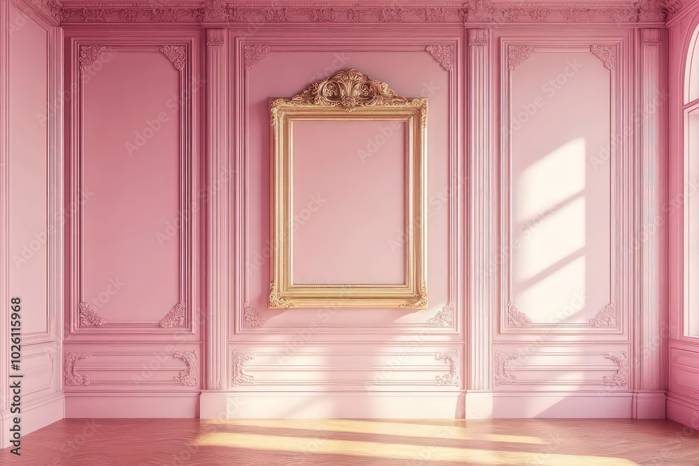 create a baby pink elegant room with a gold frame in the middle