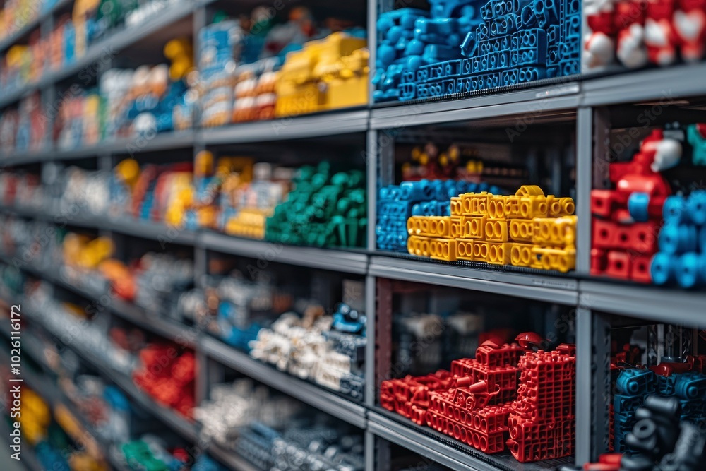 Fototapeta premium Colorful Plastic Blocks Stacked on Shelves