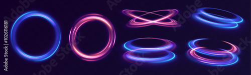 Set of neon blurry light circles at motion. Space tunnel. Light everyday glowing effect. Semicircular wave, light vortex wake. 