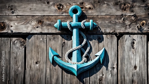 A turquoise anchor mounted on a weathered wooden background, symbolizing maritime themes. photo