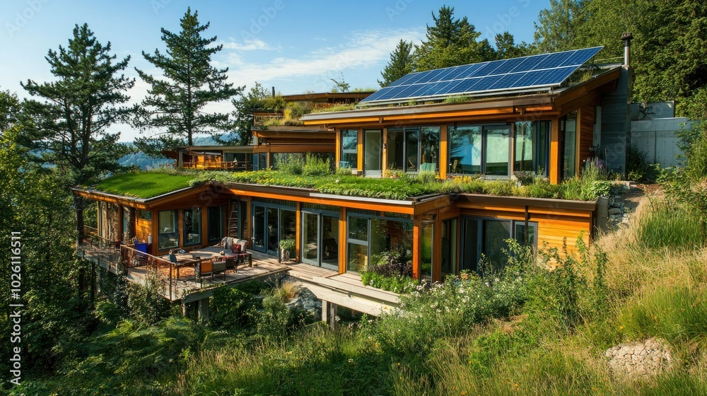 An eco-home model with green roofs, solar panels, and rainwater collection systems, emphasizing sustainability.