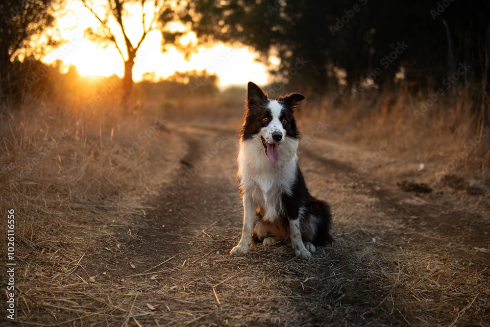 Fototapeta premium A border collie sitting on a dirt path at sunset in a rural area