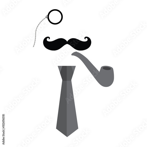Silhouette of monocle, mustache, pipe and tie on white background