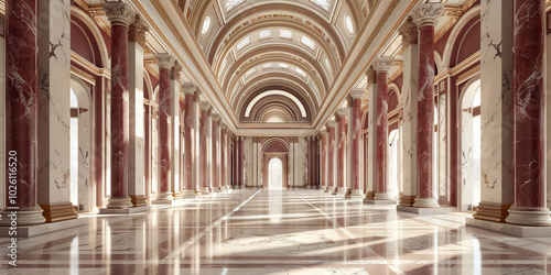 A row of marble columns supporting a domed ceiling in a grand bank lobby, with deep burgundy accents.