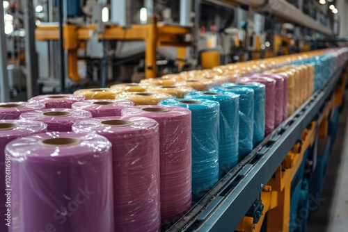 Close-up of Colorful Fabric Rolls on a Conveyor Belt in a Manufacturing Plant