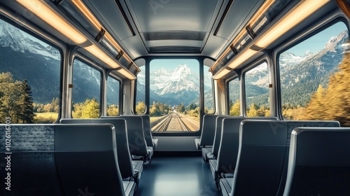 An empty high-speed train with panoramic windows, offering a wide view of the mountains and countryside outside.