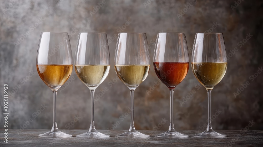 A neat row of five wine glasses filled with drinks ranging from golden to deep red, showcasing elegance and refinement against a textured backdrop. A neat row of five wine glasses filled with drinks ranging from golden to deep red, showcasing elegance and refinement against a textured backdrop.