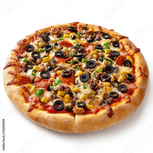 Deliciously Topped Pizza on White Background photo