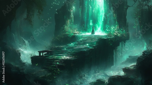 A woman stands on a stone platform, illuminated by a glowing waterfall, in a lush forest.