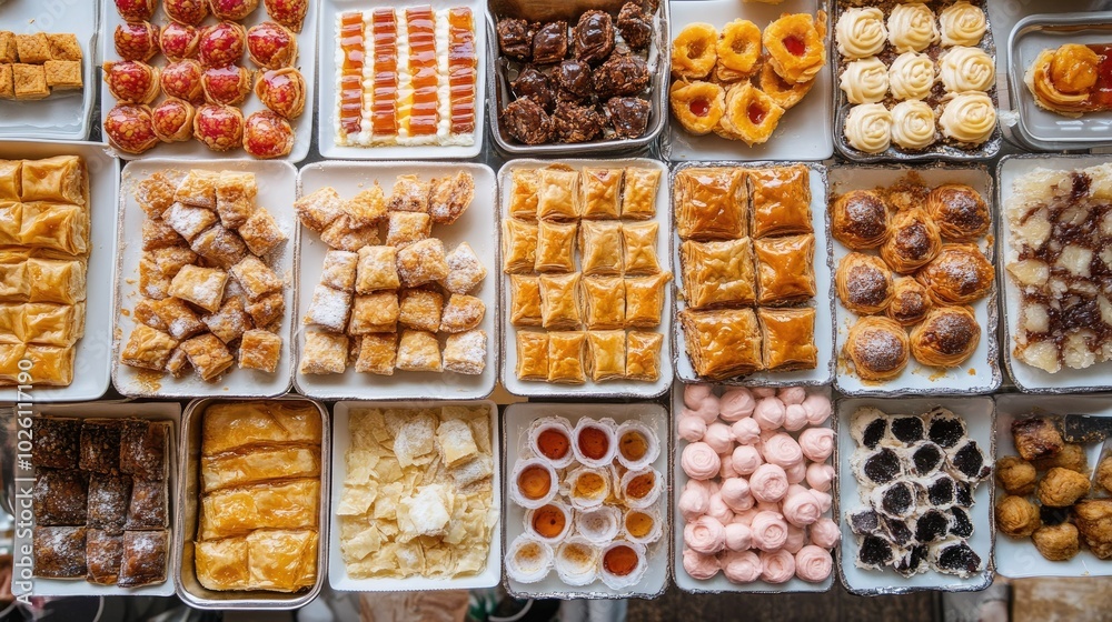 An overhead shot of a dessert table filled with various Turkish sweets, including baklava, lokum, and honey-drenched pastries. An overhead shot of a dessert table filled with various Turkish sweets, including baklava, lokum, and honey-drenched pastries.