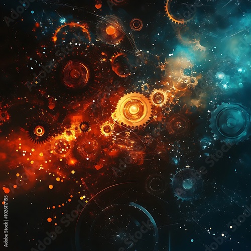 A vibrant abstract representation of gears and cosmic elements blending in shades of orange and blue.