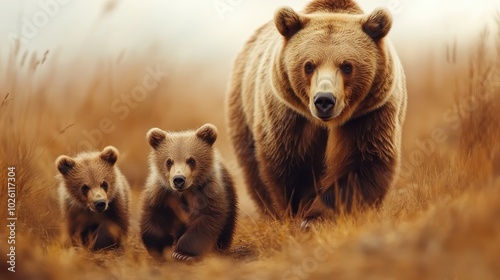 The mother bear guides her playful cubs across an open field, encapsulating the tenderness and exploration spirit of nature's hierarchy and family unit.