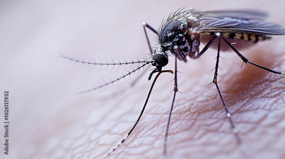 Macro shot of a mosquito on skin with a soft focus background.
Macro shot of a mosquito on skin with a soft focus background.