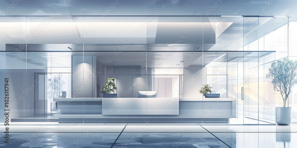 Fototapeta premium A modernist bank branch with clean lines and geometric shapes in cool, calming gray and silver.