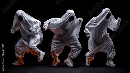 Ghostly Groove: Three figures in ethereal white costumes dance with synchronized movements against a dark backdrop, creating a captivating blend of mystery and rhythm.  photo