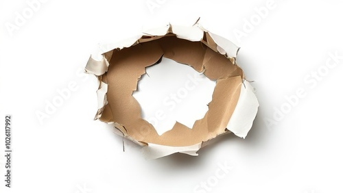 A torn circular piece of cardboard with jagged edges, revealing a white background.