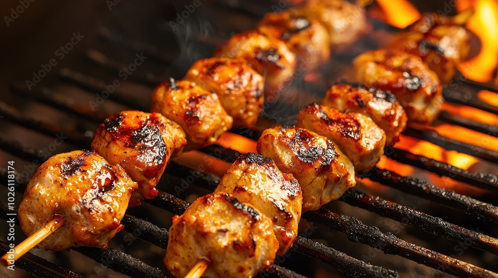 Grilled Chicken Skewers With Char Marks on Grill