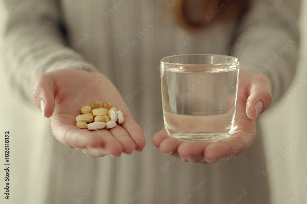 Woman Holding Pills and Glass of Water Woman Holding Pills and Glass of Water