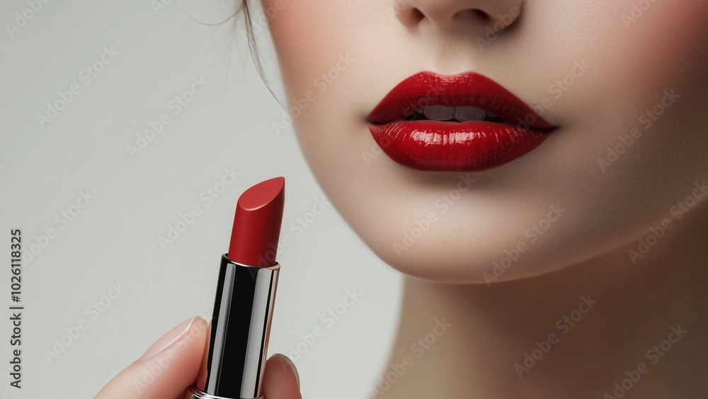 Obraz premium a woman applying lipstick, with detailed textures and sharp focus on lips
