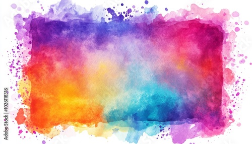 Abstract colorful watercolor background with rectangular frame and splatters.