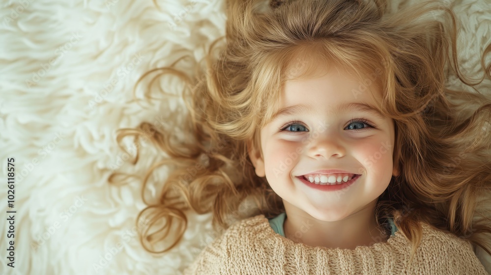 A cheerful child with blonde curly hair and shining eyes is lying on a soft, fluffy rug, exuding pure happiness and innocence in a warm, cozy setting. A cheerful child with blonde curly hair and shining eyes is lying on a soft, fluffy rug, exuding pure happiness and innocence in a warm, cozy setting.