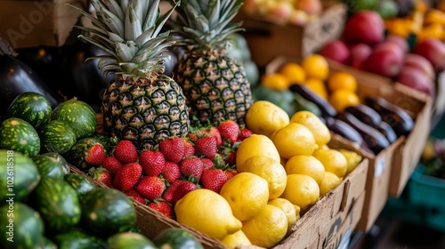 A vibrant display of fresh produce at a local market, featuring pineapples, strawberries, lemons, and watermelons.