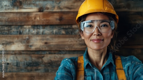 A confident woman stands against a wooden backdrop, wearing a yellow hard hat and safety goggles, embodying strength and professionalism in the industrial field. photo