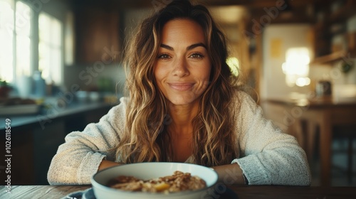 A serene woman with long, wavy hair enjoys a morning moment leaning over her breakfast bowl in a warmly lit kitchen, epitomizing relaxation and contentment. photo