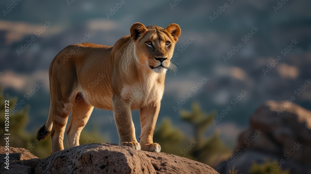 Obraz premium A powerful lioness stands on a rocky outcrop, looking out over a vast landscape. The sun shines on her fur, highlighting her majestic presence.