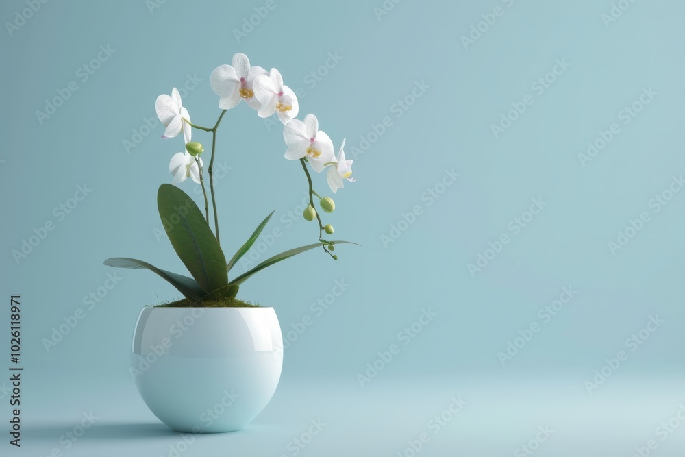 Delicate white orchids in a blue pot against a soft blue background Delicate white orchids in a blue pot against a soft blue background